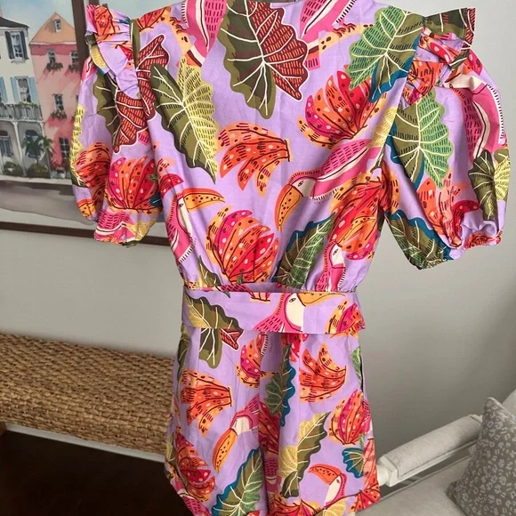 Colorful Patterned Romper with Belt - Picture 5 of 7